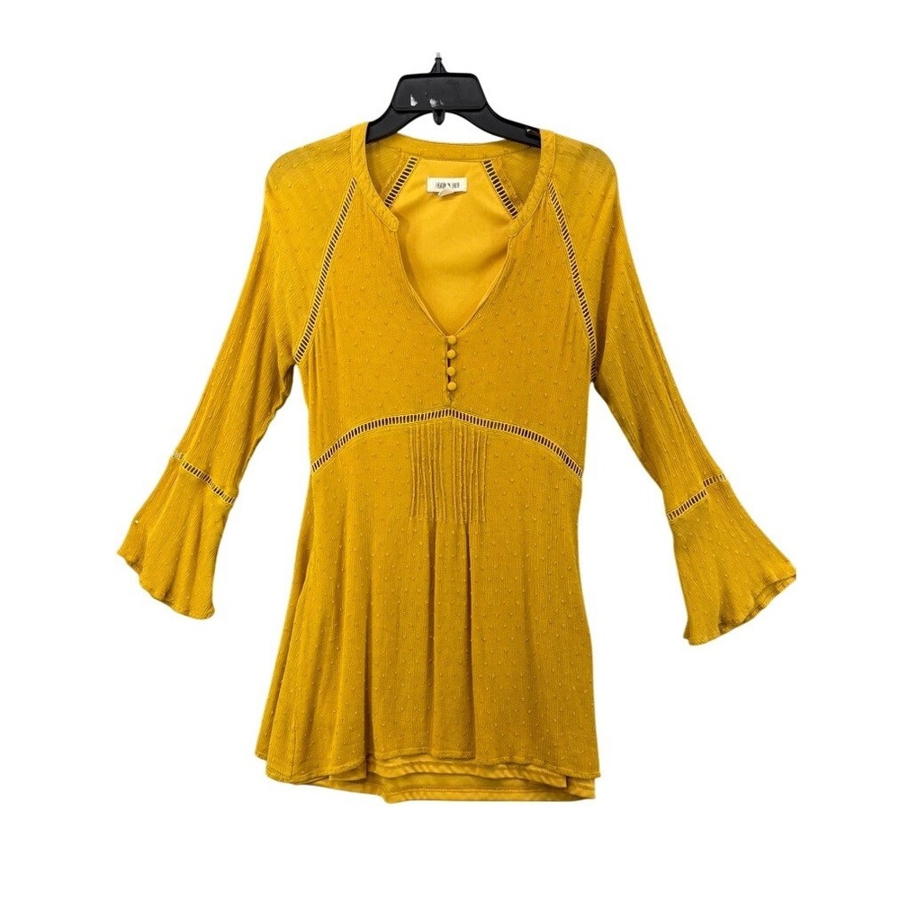 Fashion On Earth Tunic Women L Mustard Excellent Swiss Dot Lace Boho Bell Sleeve
